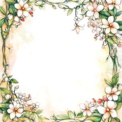 Watercolor Painting of White Flowers with Green Leaves and Vines