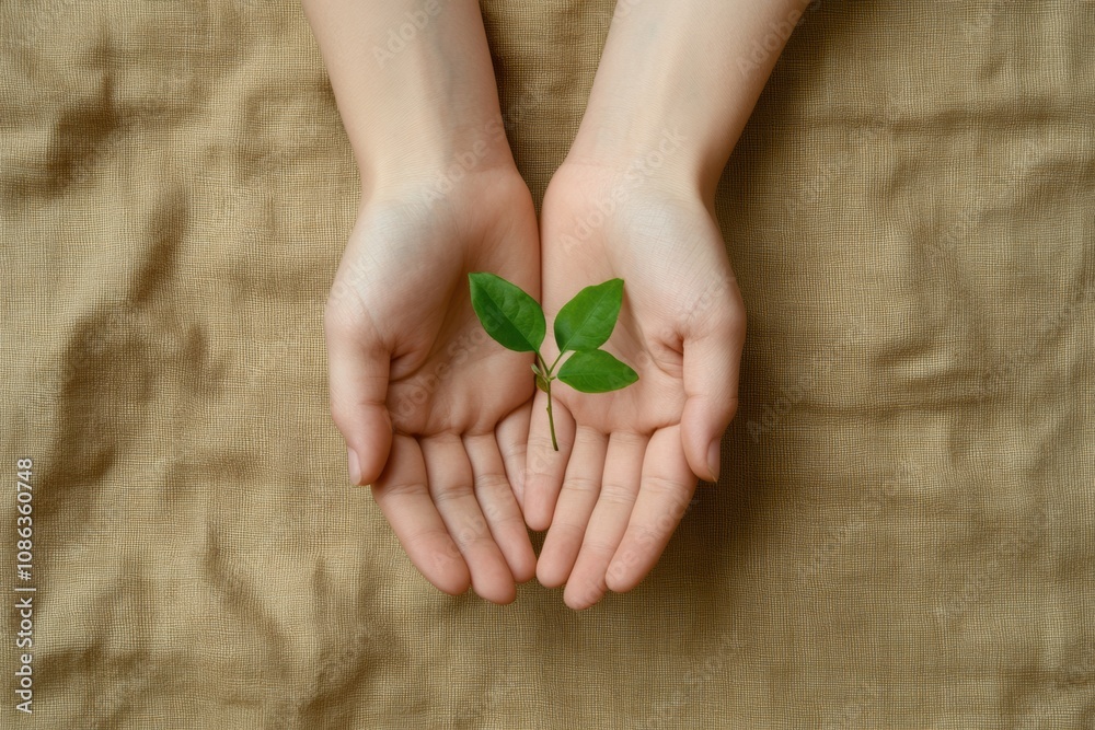 Poster two hands hold a delicate seedling with vibrant green leaves, showcasing a tender connection to natu