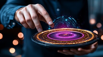 Obraz premium Dynamic Multi-Layered Holographic Interface with Interactive Elements Showcased in a Modern Environment