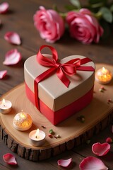 Heart-shaped gift box with red ribbon and roses on wooden table with lit candles