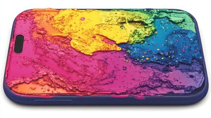 Colorful Watercolor Mockup Design Featuring Dynamic Art on a Smartphone Case with Vibrant Textures and Splashes of Fluid Paint in Creative Style