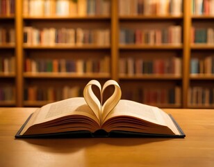 Fototapeta premium Open book with heart-shaped pages in a warmly lit library