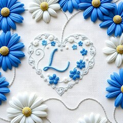 Intricate Heart Design with 'L' and Floral Embroidery