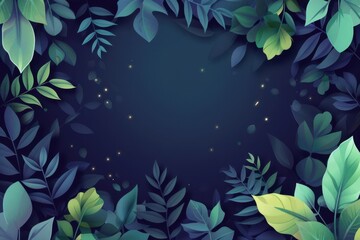 Dark Blue Background with Green and Yellow Foliage and Glowing Specks