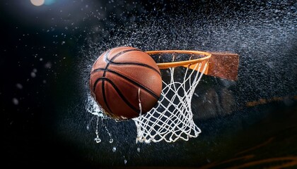 Basketball swishes through the net, splashing water everywhere. Dynamic action shot!