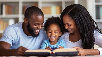 Obraz premium A joyful family reading together, sharing smiles and bonding over a book.