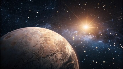 Naklejka premium The ethereal glow of a glowing planet surrounded by sparkling stars in a deep space background, cosmic effect, celestial art, planetary glow, glowing planet, shimmering universe