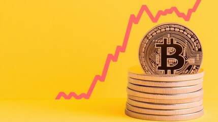 Bitcoin Cryptocurrency Stacks on Coins with Rising Graph Background Illustrating Financial Growth and Investment Opportunities in the Digital Currency Market