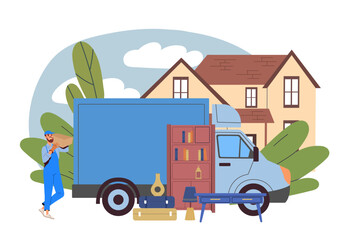 Naklejka premium Courier help with moving. Loader with things near truck. Relocation and imigration, transportation. Van with furniture and parcels. Wooden cabinet and ceramic vase. Flat vector illustration