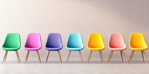 Obraz premium Colorful Modern Chairs Arrayed in a Row Against a Minimalist Background, Perfect for Contemporary Interiors and Stylish Decor Themes in Any Setting