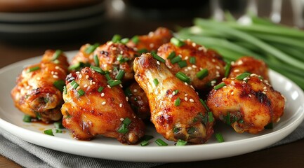 Fototapeta premium Delicious glazed chicken wings with sesame seeds and green onions on a white plate.