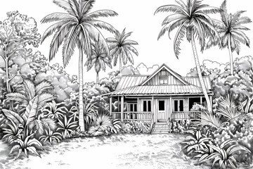 Coloring sketch of house with trees version 37