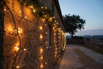 Naklejka premium Twinkling Christmas lights on a rustic Sardinian block wall at dusk, winter wonderland, christmas lights, night scene, cypress trees