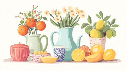 Colorful display of fruits and flowers in ceramic pots on a light background