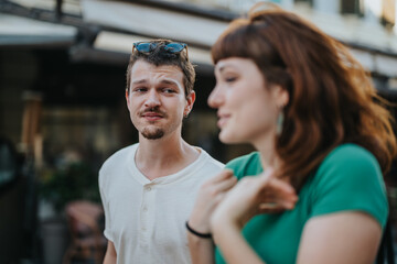 A young man and woman engaged in a casual conversation outdoors, depicting friendship and connection in a relaxed atmosphere.