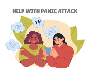 Help with panic attack. Support from friends. Mental and psychological problems. Negative feelings and emotions. Stress and depression. Flat vector illustration isolated on white background