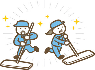 元気にモップをかける清掃員の若い男女(全身)	