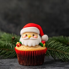 Fototapeta premium Muffin christmas topping concept.A festive cupcake topped with a Santa figure, surrounded by greenery, perfect for holiday celebrations and Christmas-themed treats.