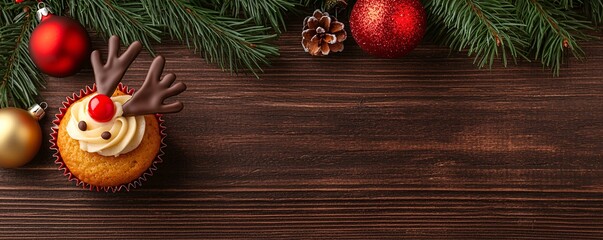 Muffin christmas topping concept.A festive cup cake decorated with reindeer antlers and a red nose, surrounded by Christmas baubles and pine branches.