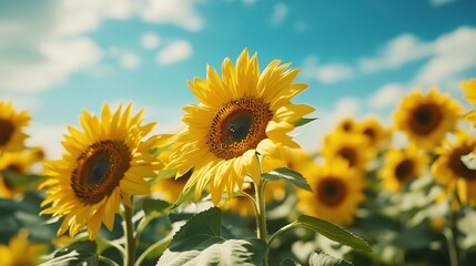 Obraz premium A vibrant field of sunflowers under a bright blue sky, showcasing nature's beauty.