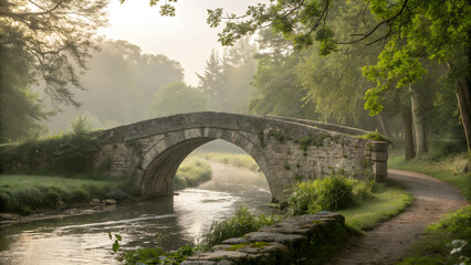 Fototapeta premium Misty Irish landscape with stone bridge over tranquil river in lush green forest 