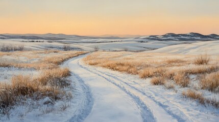 Remote winter trail through snowy plains, with rolling hills visible in the distance under a pale sky