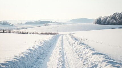 Obraz premium Remote winter trail through snowy plains, with rolling hills visible in the distance under a pale sky