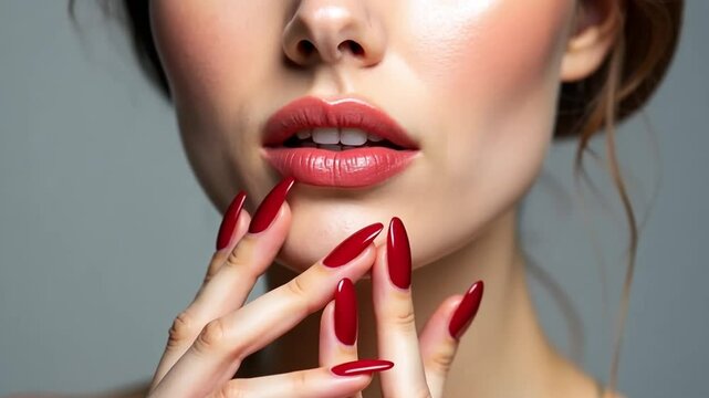 Close-up of a woman's face and hands against a gray background. Her skin is fair and smooth, her lips full and pink, and her nails long and almond-shaped, painted red. 