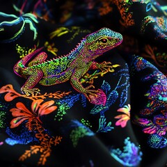 Obraz premium Colorful neon lizard glowing vividly on black fabric image