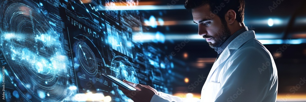 Aufkleber a doctor in a white coat analyzes complex data on a tablet in a modern medical facility, surrounded 