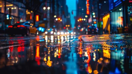 Obraz premium Rain-soaked city street reflecting street lights and store signs