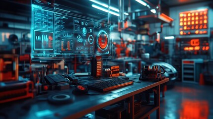 Futuristic workshop with holographic displays and advanced tools.