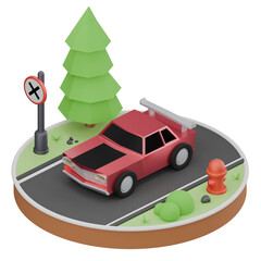 3D Red Car on a Road with Transparent Background