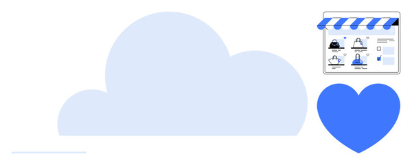 E-commerce storefront features product listings, supported by cloud storage for data management, depicted alongside a blue heart symbol. Ideal for online shopping, cloud computing, data storage