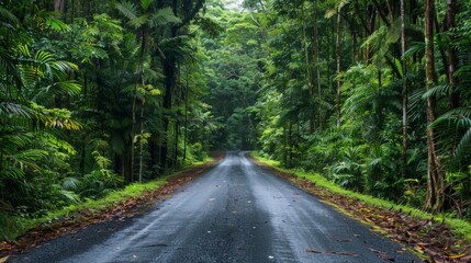 Obraz premium Rainforest road enveloped by dense trees and exotic flora