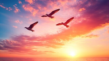 Obraz premium A serene sunset over the ocean with birds flying in the colorful sky.