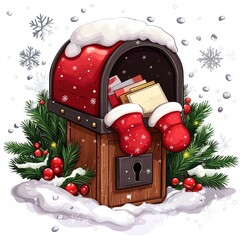 Christmas Mailbox Filled with Letters and Surrounded by Snow and Holly