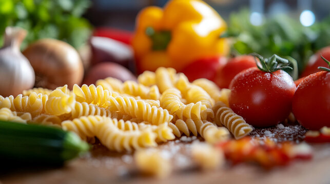 Fresh ingredients and pasta ready for a delicious meal preparation at home during summer