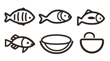 Various fish illustrations arranged in a row with a bowl on a simple background