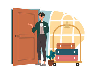 Hotel room worker. Man with luggage trolley. Hostel service and occupation. Luggage handler in room. Travel and tourism, holiday and vacation. Flat vector illustration isolated on white background