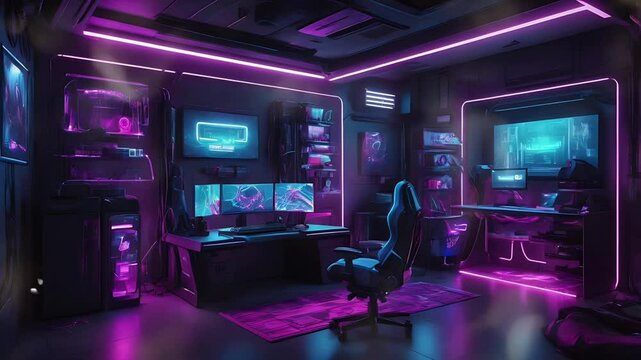 PC gaming room in cyberpunk style. Seamless 4K looping timelapse video animation background