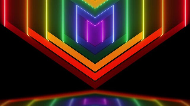 3D animation. Neon glowing chevron pattern on black background with rainbow colors