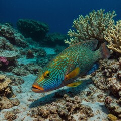 An ornate wrasse searching for small invertebrates among the coral.

