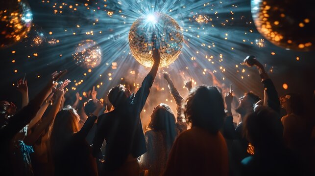 41. A group of partygoers dancing under a disco ball at a New Year is Eve nightclub