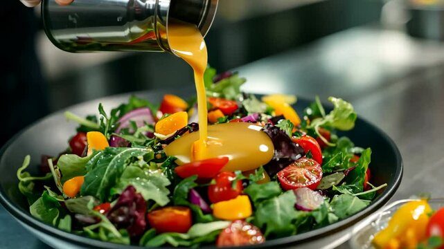 Preparing a fresh garden salad with vibrant ingredients and a tangy dressing in a bustling kitchen setting