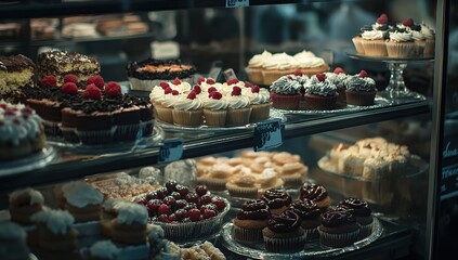 Delicious pastries and cakes displayed in a bakery showcase