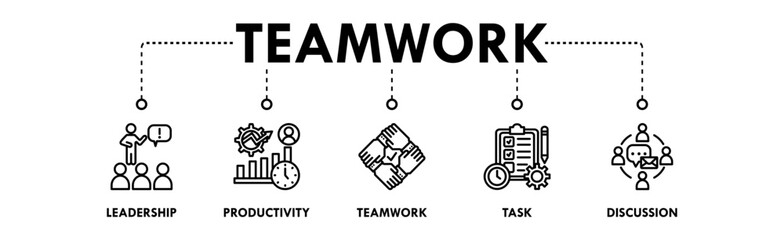 Teamwork banner web icon illustration concept with icon of leadership, productivity, teamwork, task, and discussion