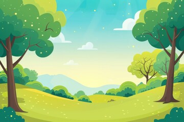 Cartoon Landscape with Green Trees, Hills, and Blue Sky