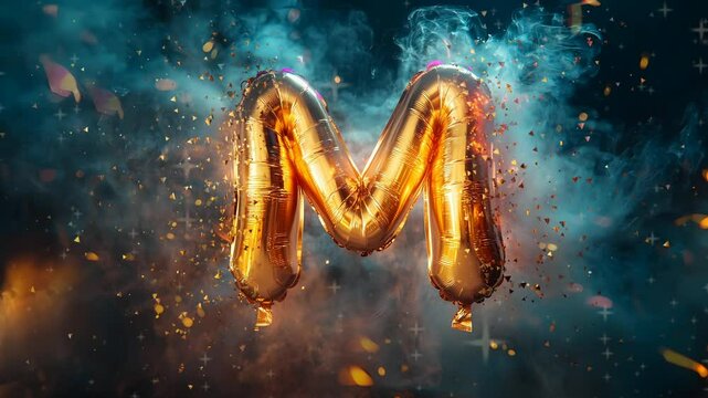 A cute balloon-shaped letter 'M' in gold colors, multicolored particles and color smoke background