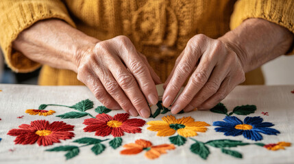 Close up of hands embroidering vibrant floral patterns on fabric, showcasing intricate details and craftsmanship. warm colors and textures evoke sense of creativity and tradition